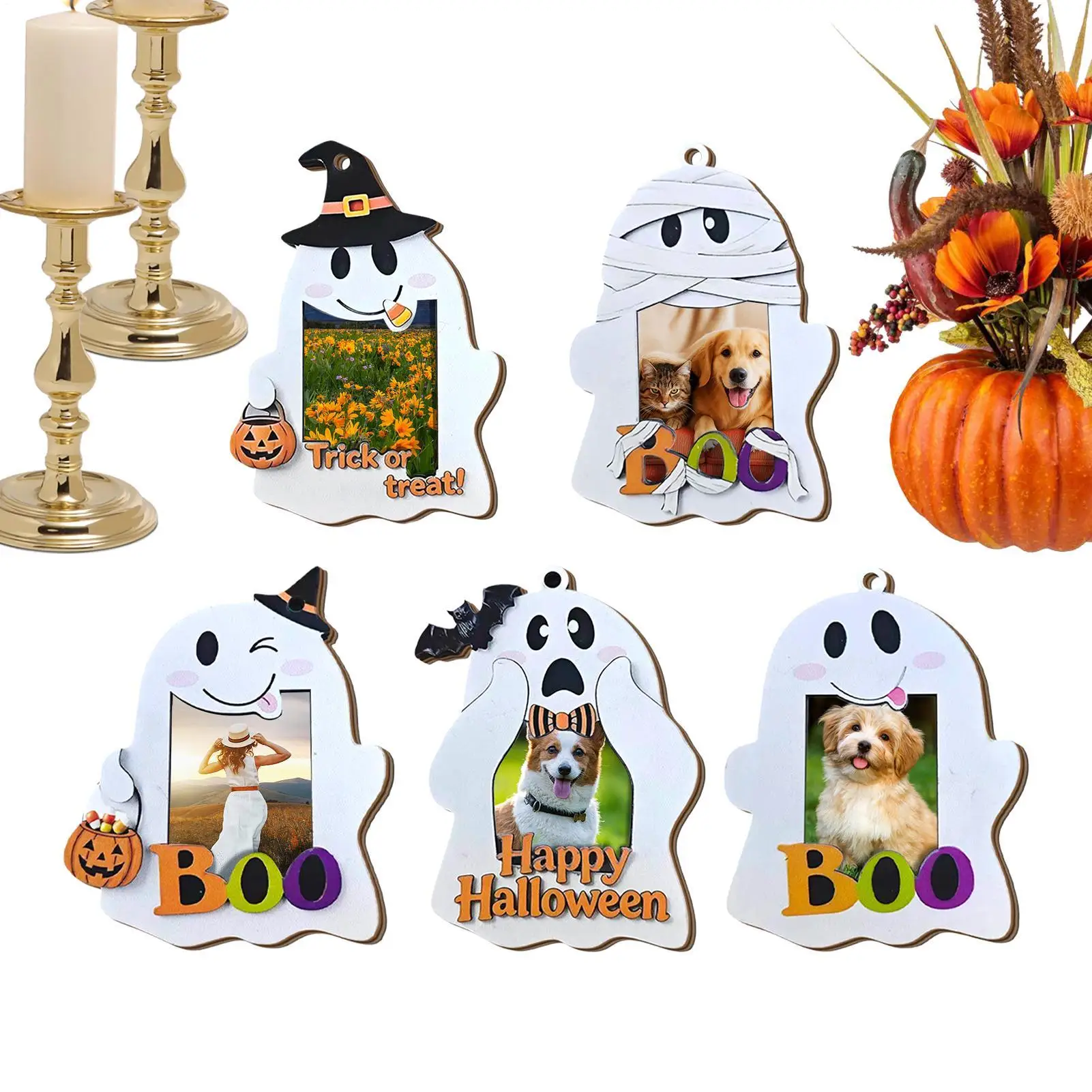 Ghost Picture Frame 5 Pieces Wooden Halloween Desk Decor Hangable Photo Frame Ornament For Homeowners Renters Home Office Dorm