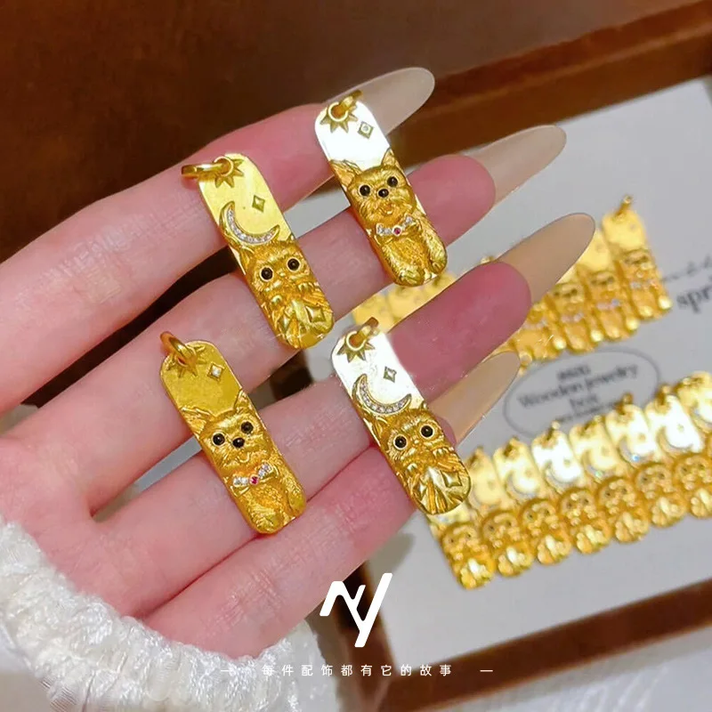 

Cute Pet Cat and Dog Double Cute Ancient Style Gold 9999 24K Real Gold Diamond Star Moon Cat Bow Puppy Tag Necklace