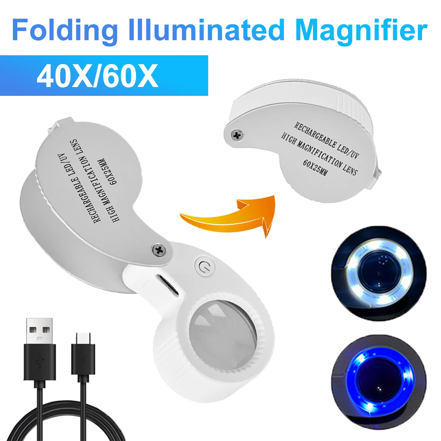 

40X 60X увеличительное стекло для ювелирных изделий, портативная складная лупа, лупа с УФ-светодиодной подсветкой, лупа с подсветкой для ювелиров, монет, драгоценных камней
