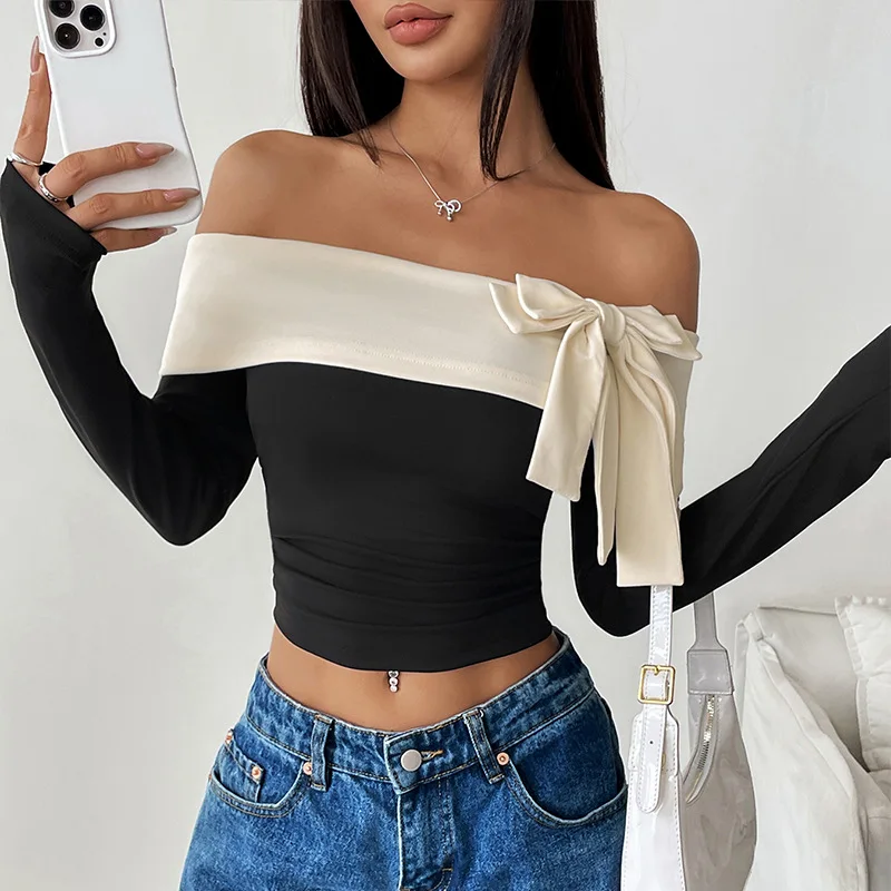 

2025 New Sexy Sweet Bow Color-blocking Slim One-length Off-shoulder T-shirt for Women