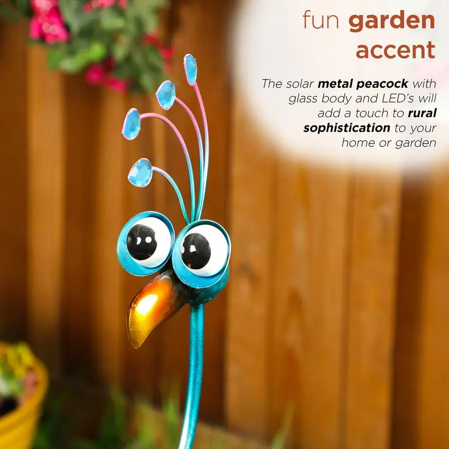 

39 Tall Outdoor Metalic Peacock Yard Decor with Glass Body and SolarPowered 10 Warm White LED Lights for Patio, Lawn or Porch, M