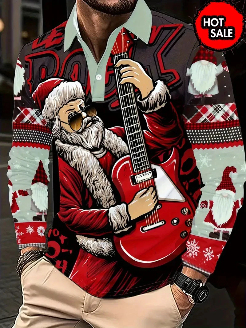 

Men's Long Sleeve Polo Shirts 3D Print Casual Pullover Christmas Polo Shirts Top Men Oversized Turn-down Collar Buttoned Clothes