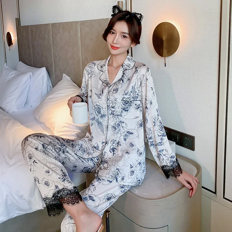 TOP Quality Women\'s Pajamas Set Floral Ink Sleepwear Silk Like Casual Homewear V Neck Pyjams for women pyjama pour femme