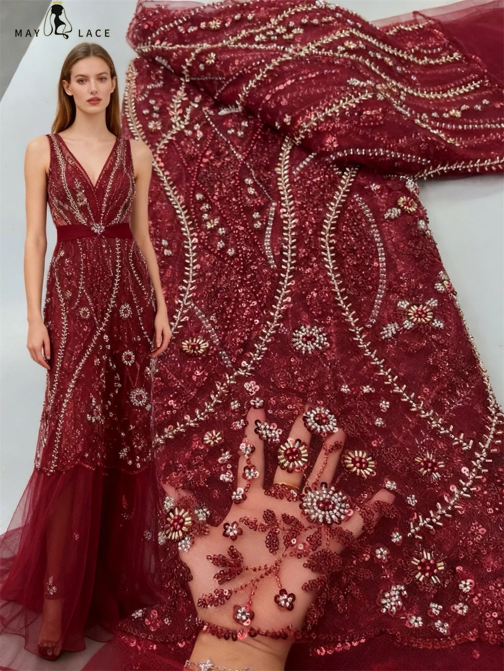 

Бордовое африканское кружево с вышивкой и бисером, тюлевая ткань, французское кружево с пайетками 2026 года для женских и свадебных платьев