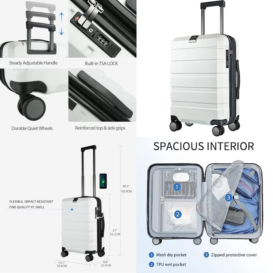 

Hardside Expandable Carry On Luggage with Spinner Wheels and Built-in TSA Lock, Durable Suitcase Rolling Luggage with USB Port,