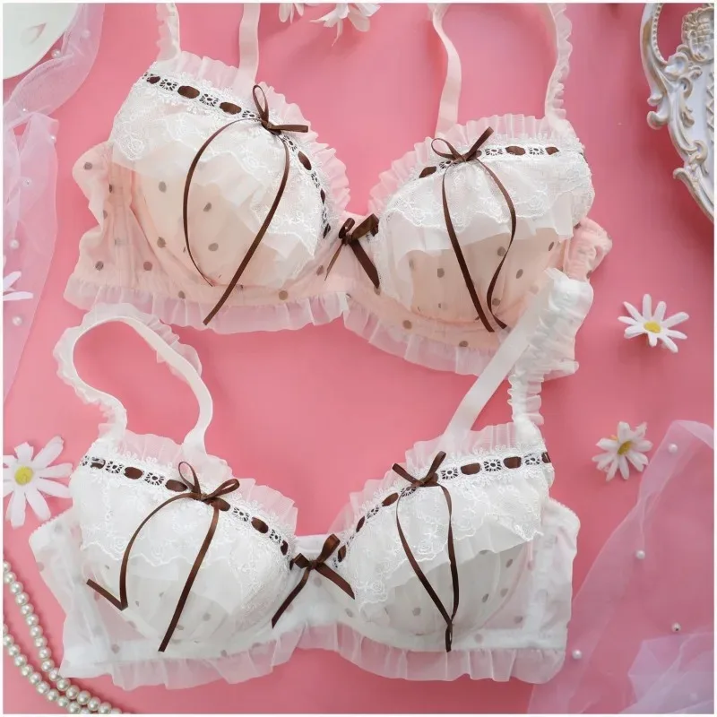 Japan Kawaii Lingerie Water Soluble Ribbon Polka Dot Luxury Sheer Cup Push Up Bra Schoolgirl Style Cute Sexy Pure Bralette Set