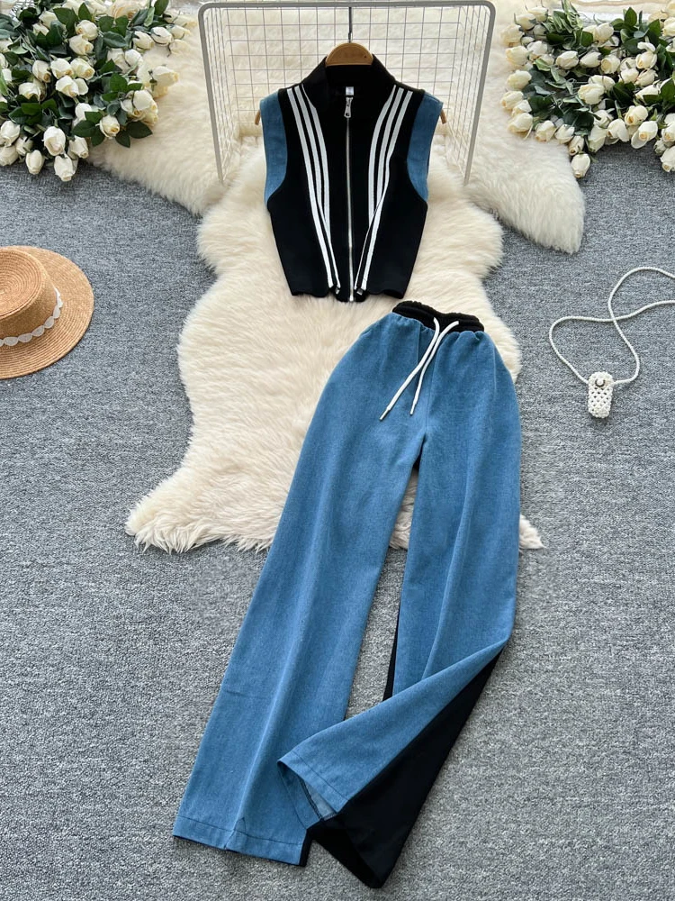 

Faionable летние повседневные джинсовые широкие брюки с высокой талией, топ и брюки на молнии, женский комплект Sle Hong Kong Taste