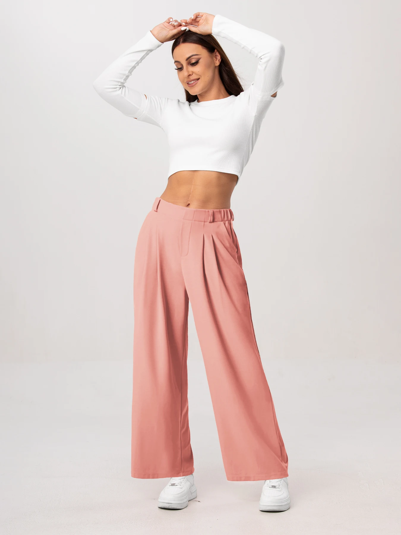 Damenhose, karierte, figurbetonte Hose mit weitem Bein und Taschen, hochtaillierte, lässige, figurbetonte Hose mit weitem Bein für Damen. – Detail 28