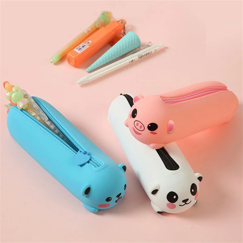 Silicone Pencil Case Cute Bear Panda Tiger Soft Pen Container Creative Ruler Holder Stationery Box Children Gifts Pouch Bag