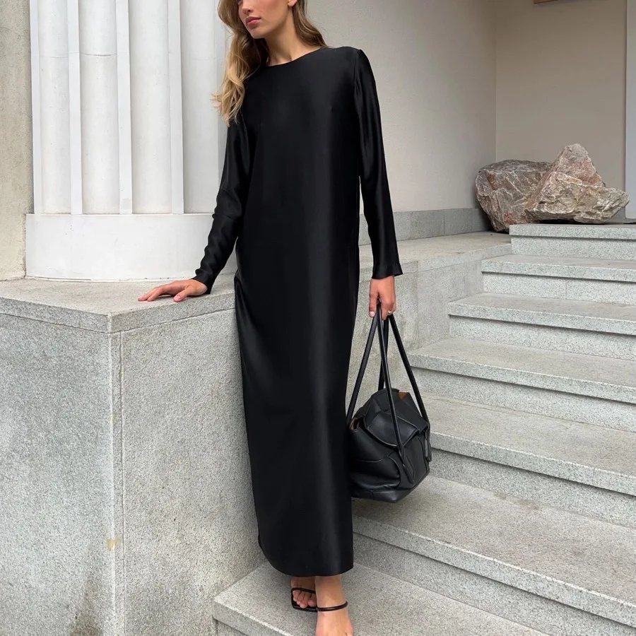 

【New style】Autumn and winter new women's bottom dress, fashion long sleeves, open forked satin, hanging feeling, bag, hips, lon