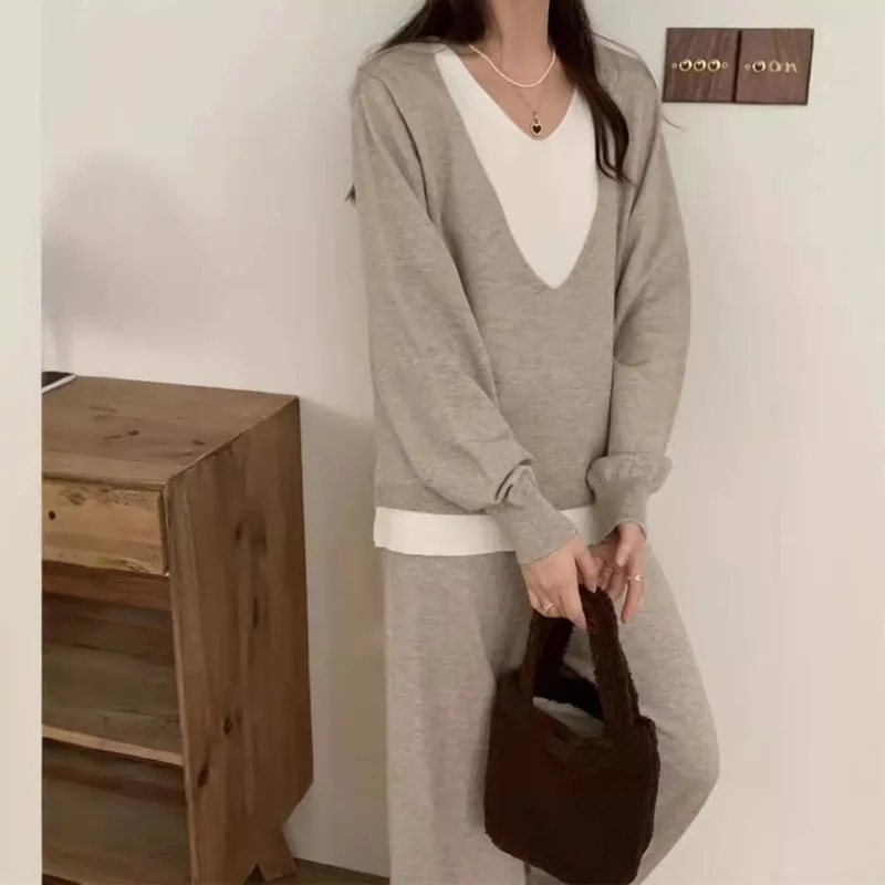 [EWQ] Korean Casual Contrast Colors Knit Tops And Elastic High Waist Trousers Women Set Clothing 2024 Winter New Fashion 16O1716