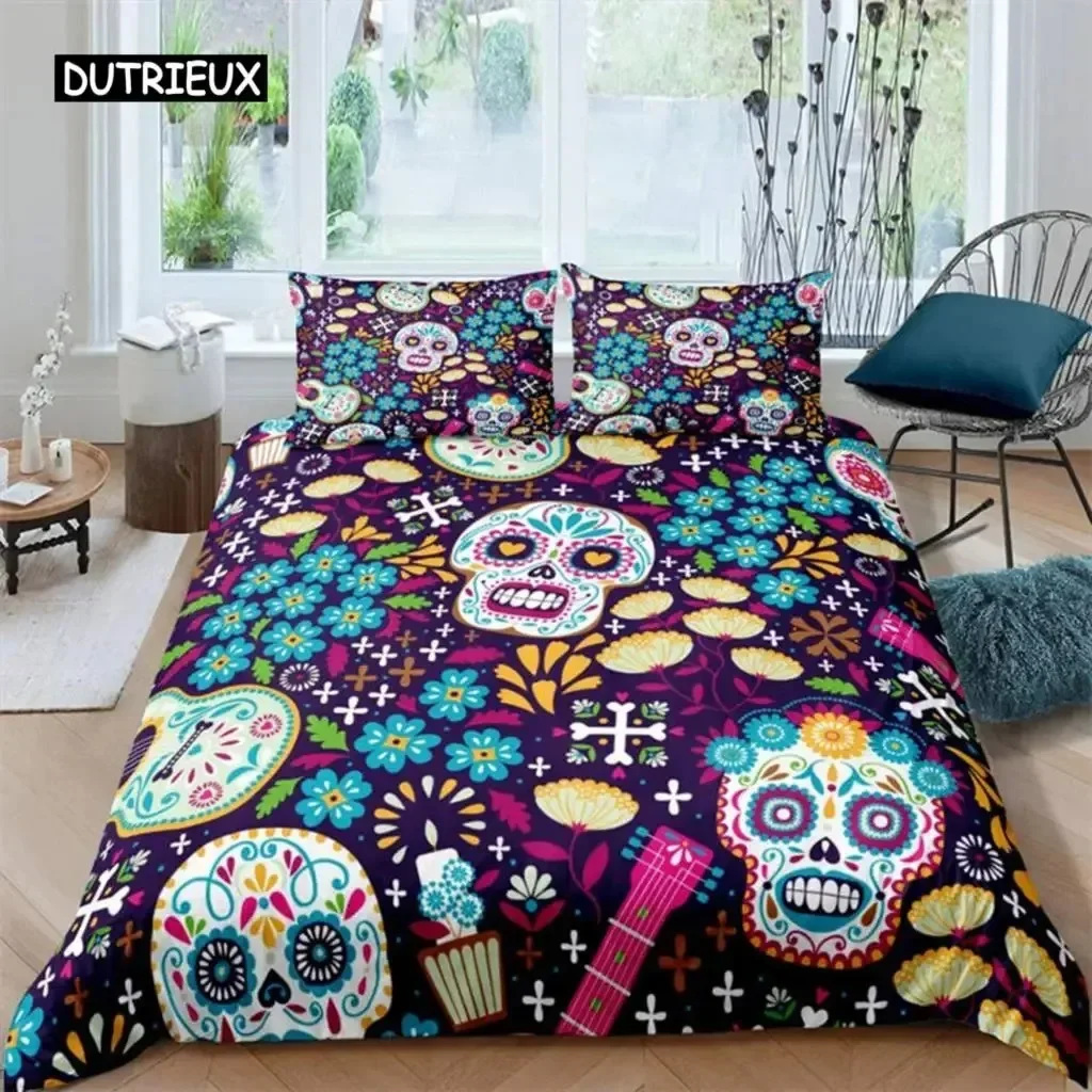 Funda nórdica con calavera de azúcar, juego de cama con esqueleto gótico, edredón Floral de Halloween, juego de funda de edredón doble completo para niñas, niños y adolescentes