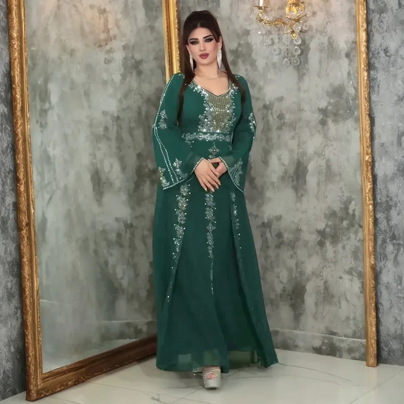 

Eid Long Robe Muslim Women Party Sequins Jalabiya Dresses Embroidery Ramadan Abayas Kaftan Islam Vestidos Arab Morocco Dubai