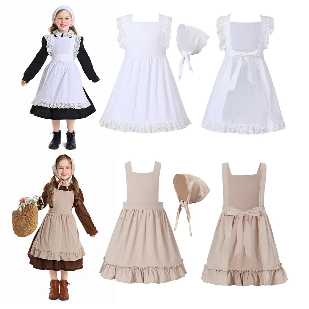 Umorden 4-10Y Kids Child Girls Khaki White Lace Ruffle Apron Bonnet for Pilgrim Girl Village Farm Pioneer Prairie Maid Costume