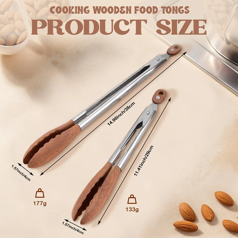 2 упаковки деревянных щипцов из орехового дерева для приготовления пищи, деревянные щипцы для салата 12 и 9 дюймов для сервировки, кухонная утварь из нержавеющей стали-A68X