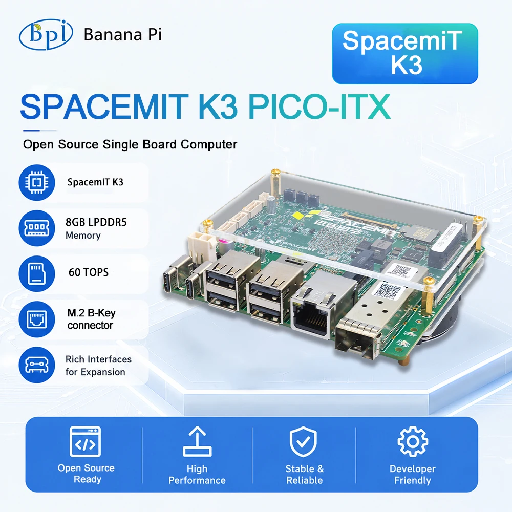 SPACEMIT K3 Pico-ITX AI SBC 60TOPS RISC-V Single Board Computer 8GB LPDDR5 UFS NVMe 10G SFP+ Dual M.2 WiFi6
