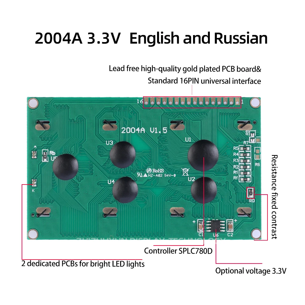 LCM LCD Tela Monocromática, Tela de Personagem, Filme Amarelo e Verde, Voltagem 3.3V, Controlador Inglês e Russo, SPLC780D, 2004A, Spot Goods