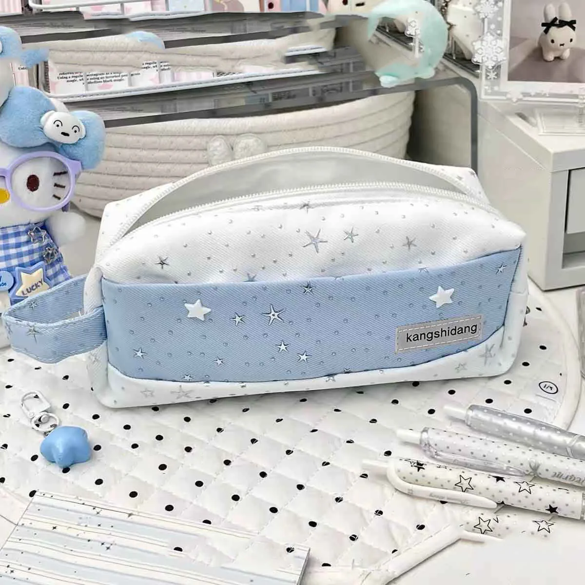 Multi-functional Blue-White Star Language Dot Pen Bag Handheld Large Capacity Pencil Case Stationery Pouch Back To School