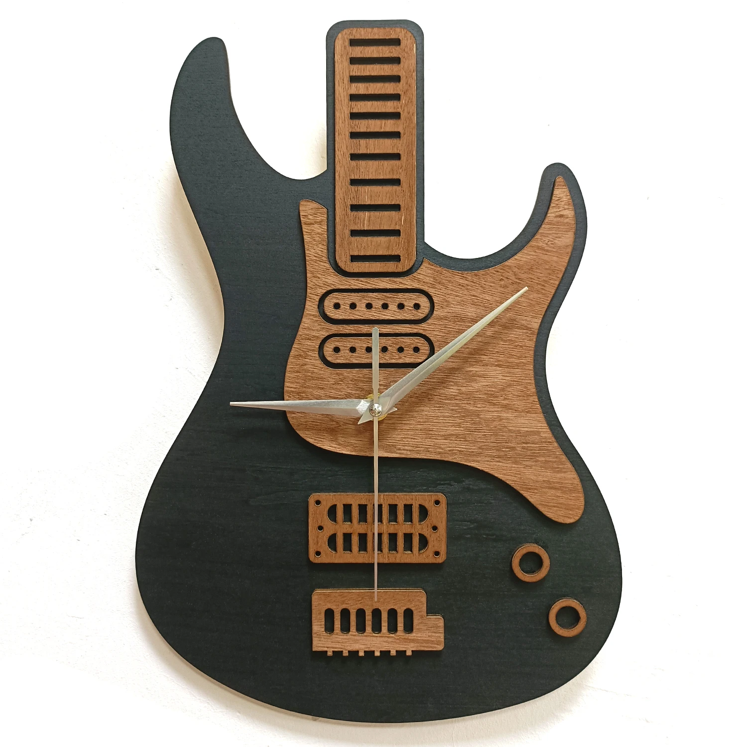 Dual Layers Guitar Wooden Wall Clock For Music Studio Bass Guitarist Home Decor Natural Timber Wall Watch Handcrafted Wood Clock