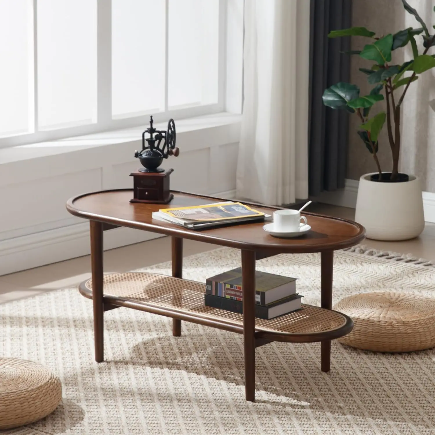 Walnut Rattan Coffee Table, 39.5 Oval Center Table with Storage Shelf, Modern 2-Tier Wood Side Table for Bedroom Small Space