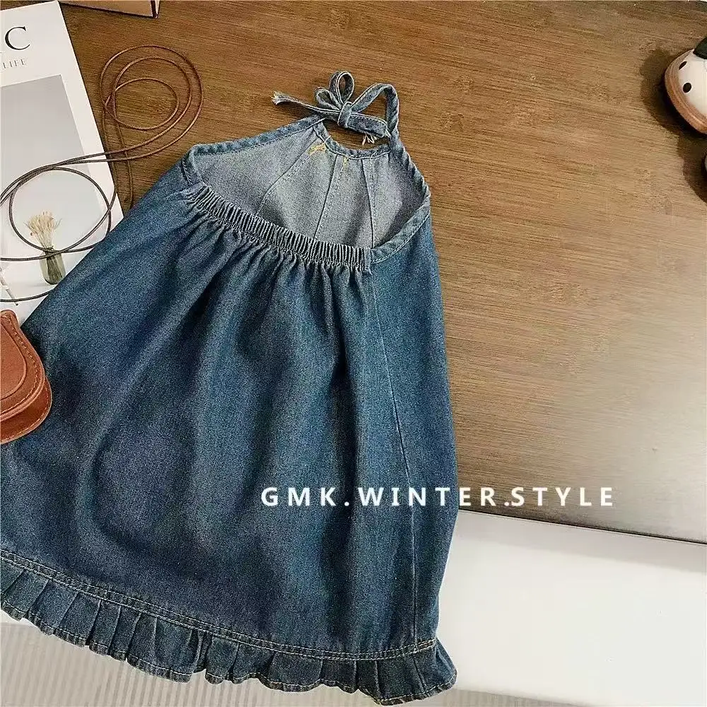 2026 Girls' Thin Denim Skirt Summer Dress Vacation Style Backless Beach Skirt Lace up Hanging Neck Vest Suspender Skirt Trendy