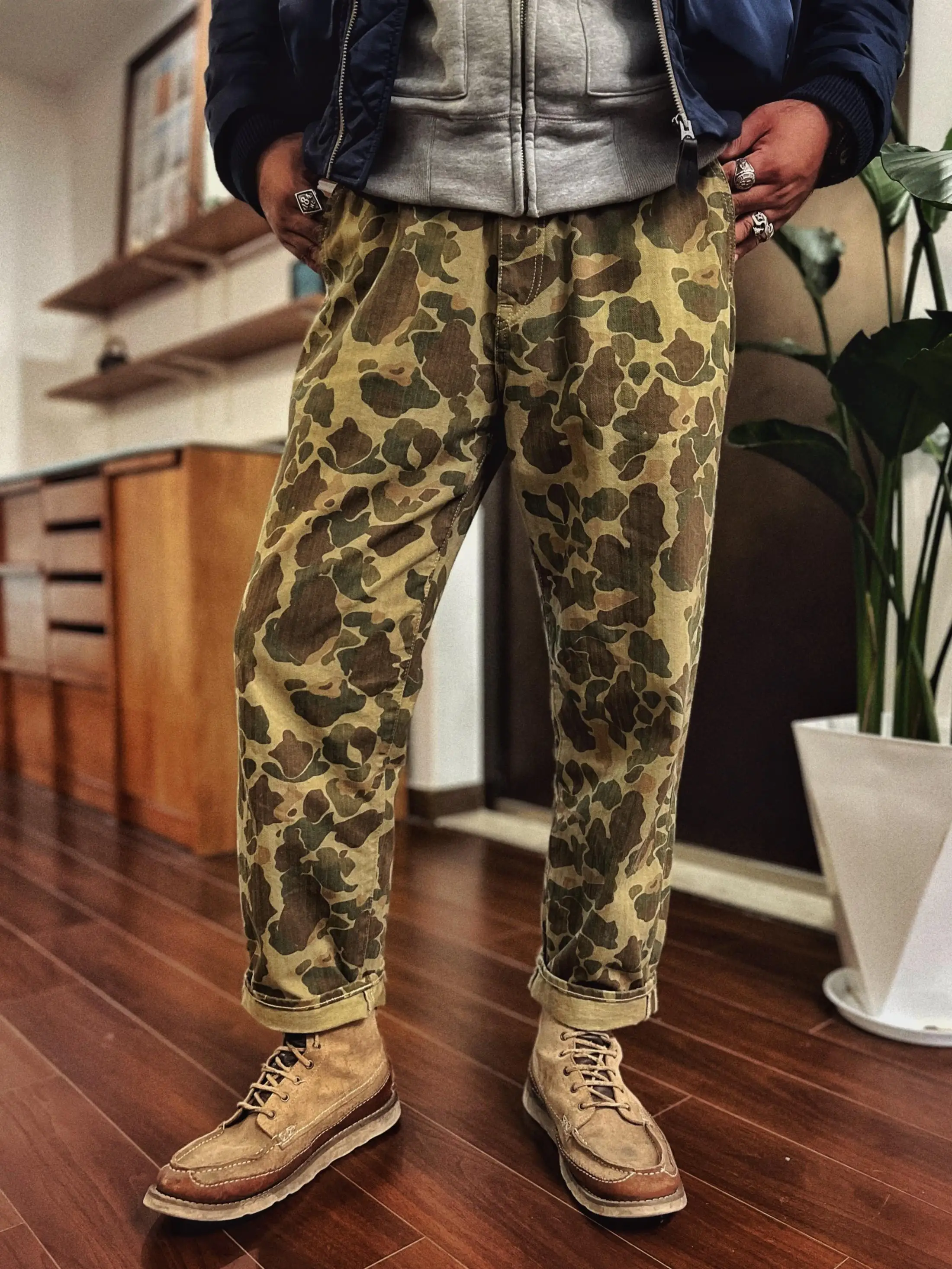 

Retro Camouflage Straight Leg Pants Five kets Double R Fabric Fibone Pattern Work Bule Men's Casual Trousers