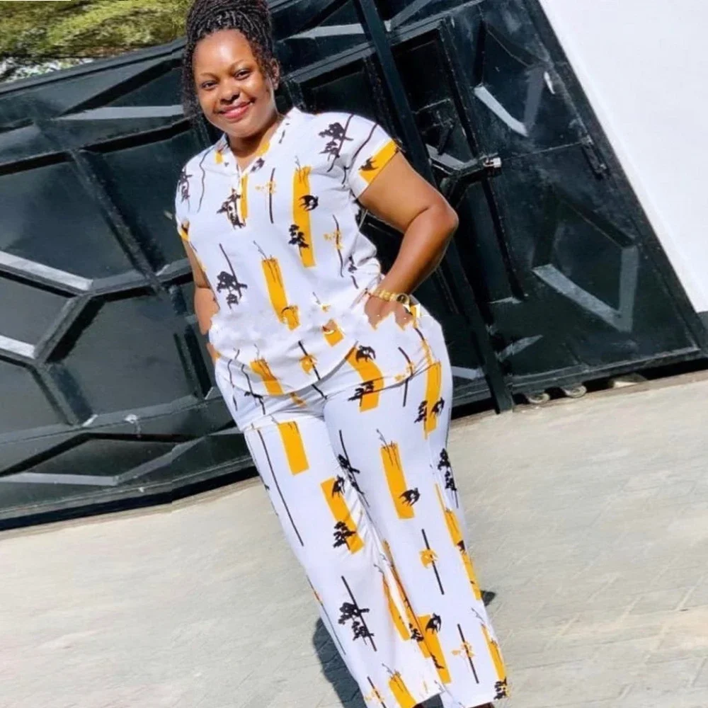 2 Piece African Women Clothes Long Shirt Tops and Pant Suits 2023 Fashion New Print Loose Casual African Clothing Matching Set