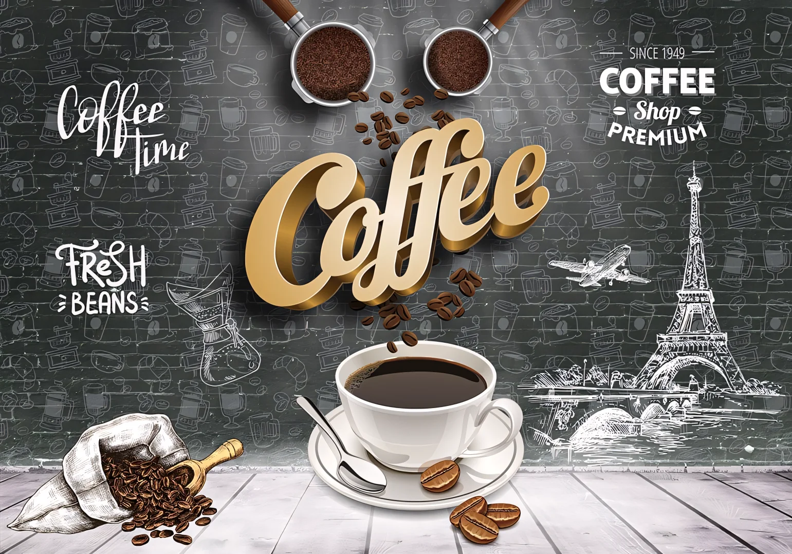 

Custom Size mural coffee bean chalkboard Coffee shop tooling Background Mural decoration Photo Coffee 3d wallpaper
