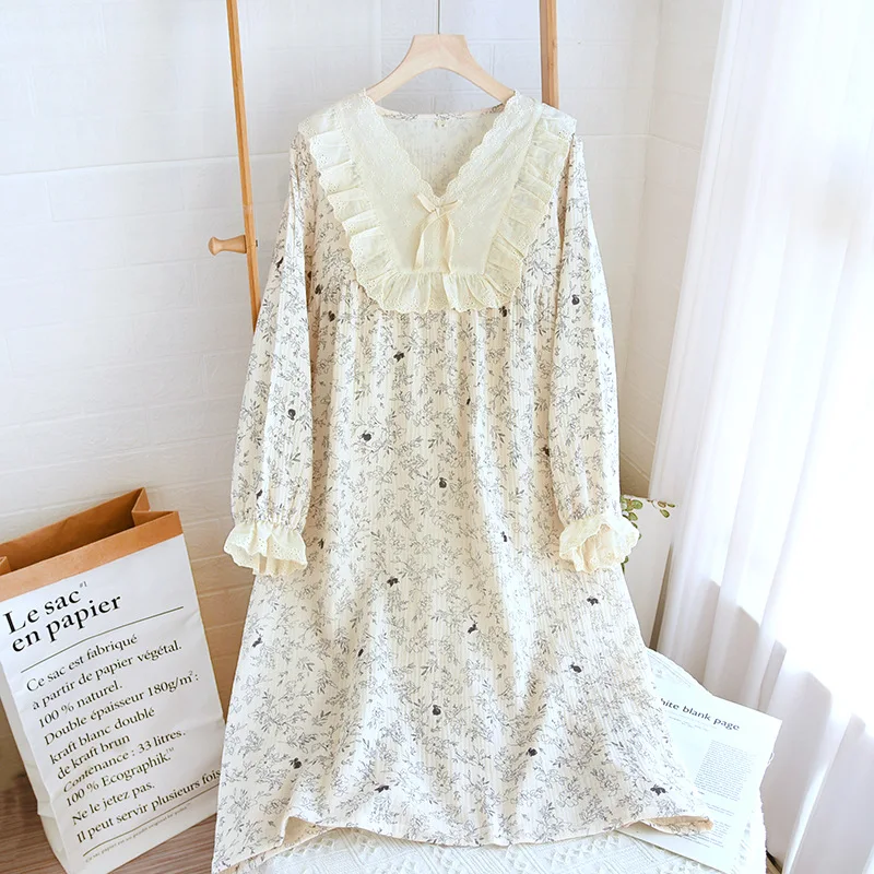 Spring and summer 2025 new women's nightdress 100% cotton long-sleeved skirt square neck lovely flower large household skirt