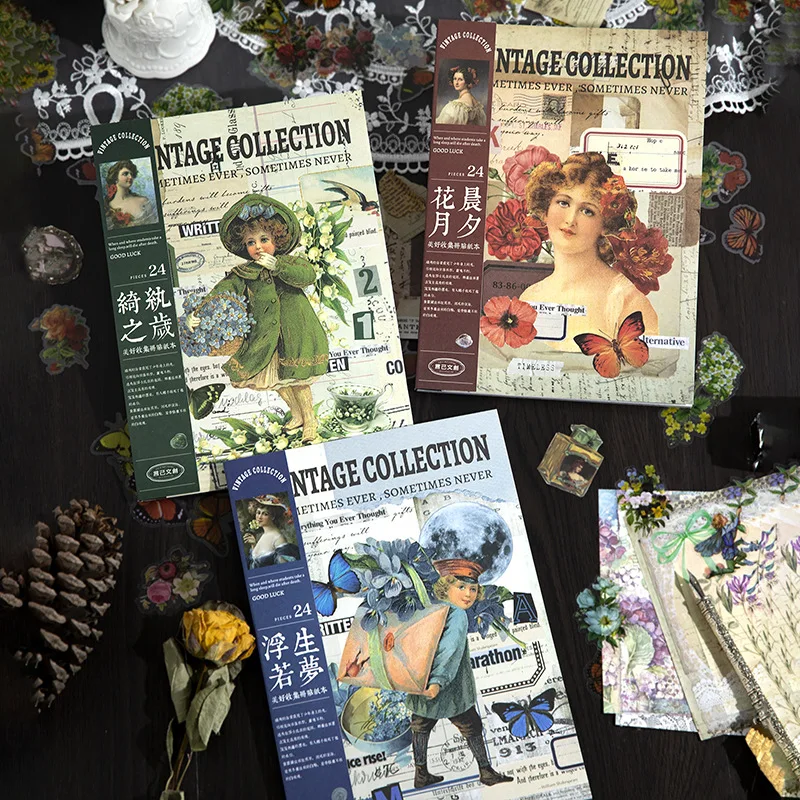 24 Stück großes Retro-Stickerbuch mit gemischten Mustern, grenzüberschreitend, Bestseller, Tagebuch, Sammelalbum, kreatives Kit
