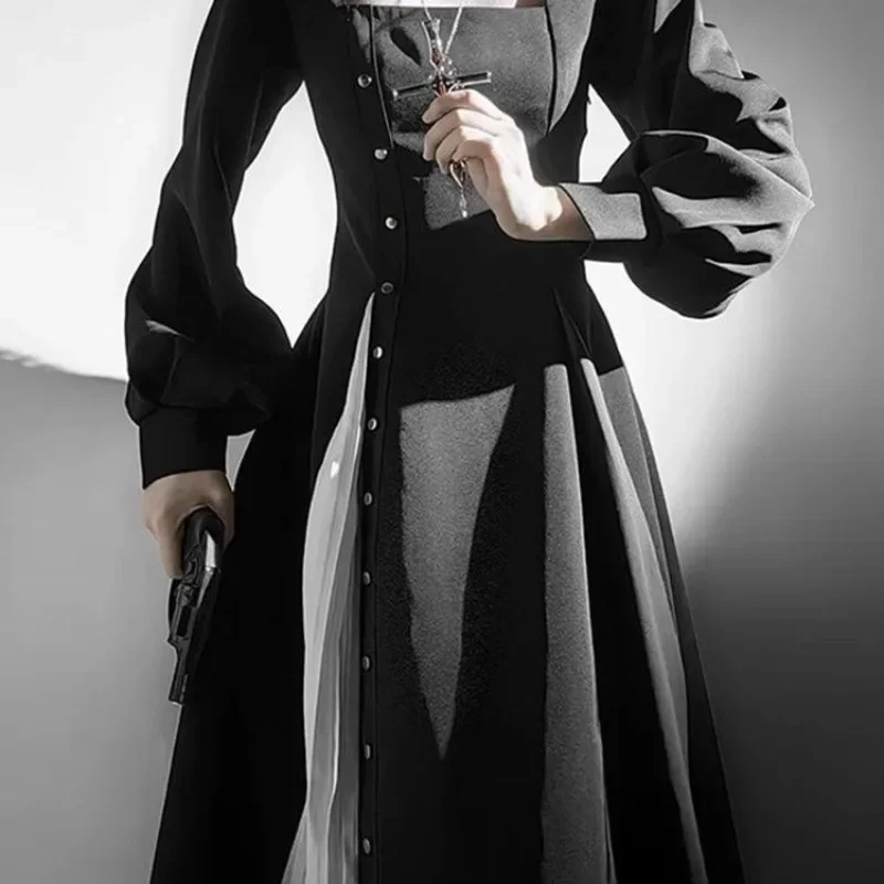 2025 初秋の新作長袖ドレス Y2k ゴシックダークアカデミア服原宿黒白ロリータドレス女性用