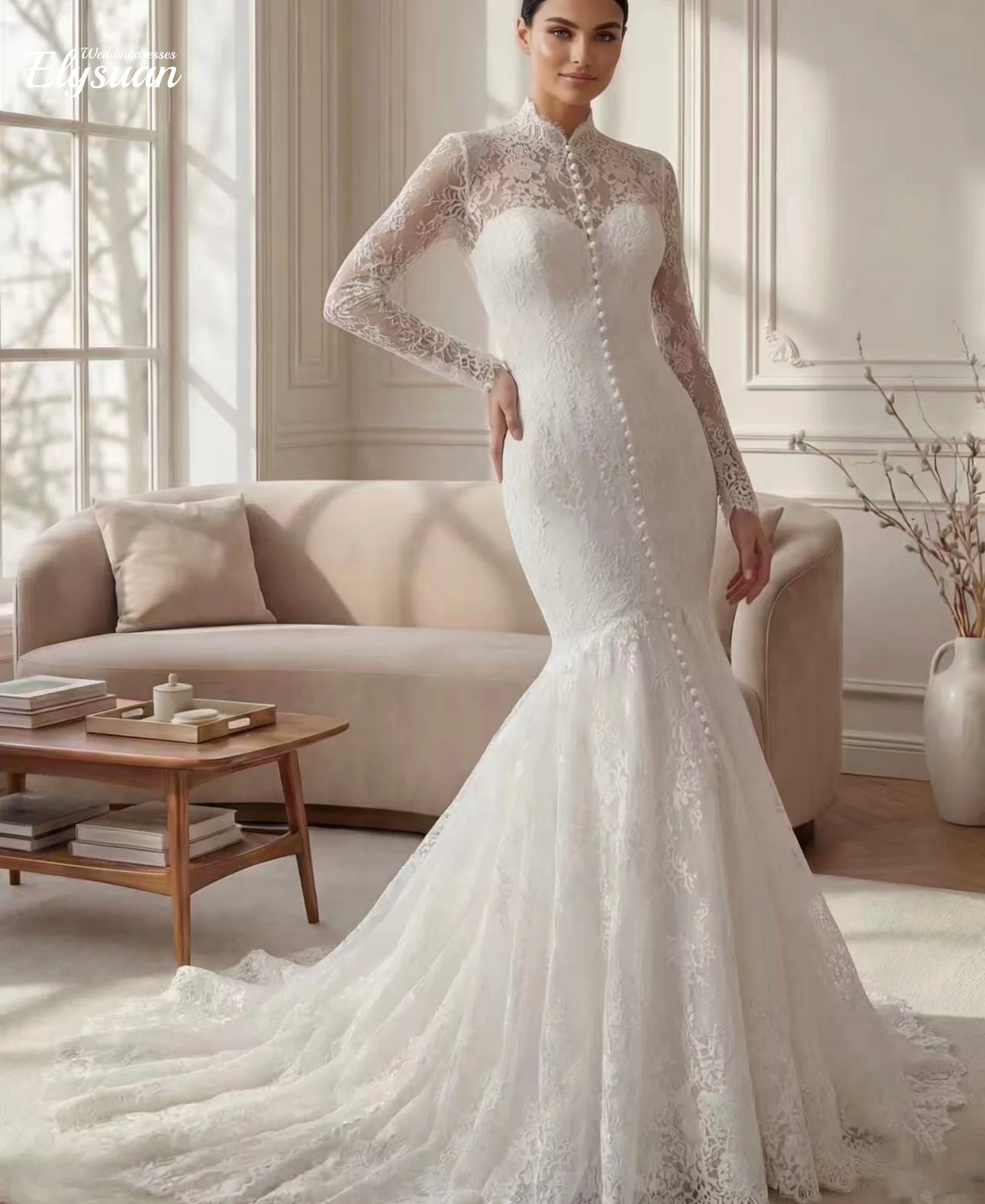 

Индивидуальное свадебное платье-русалка с иллюзорным кружевом, скромное, с высоким воротником, длинными рукавами, романтичное, для невесты