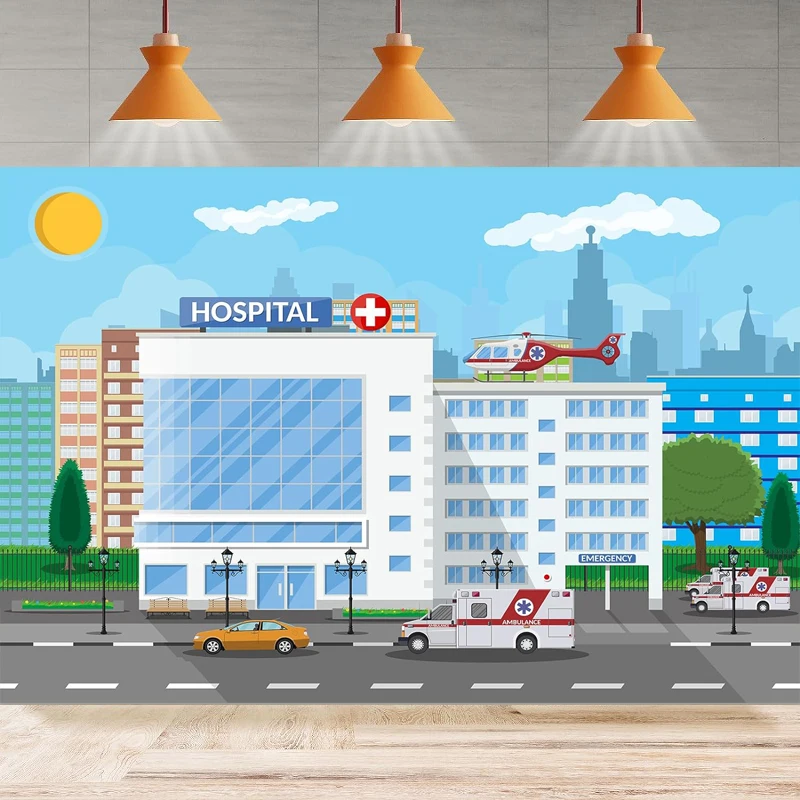 Cartoon Hospital Photography Backdrop Ambulance Helicopter Nursing School Doctor Office Background Nurse Graduation Party Banner