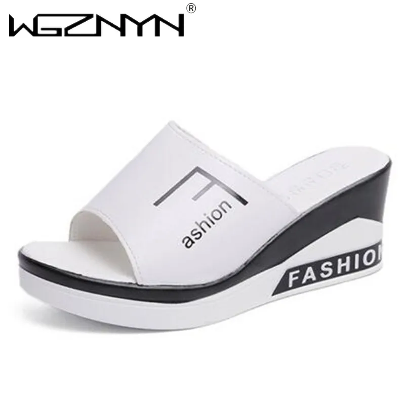 Summer Women Slipper Wedges Leather Slip on Casual Beach Slides Platform Ladies Shoes Height Increasing Chunky Zapatos De Mujer