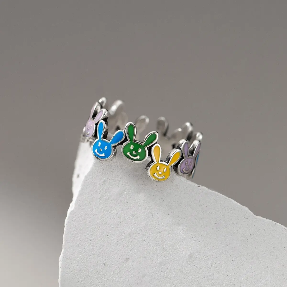 

925 Sterling Silver Irregular Colorful Rabbit Rings For Women Female Simple Retro Style Handmade Fine Jewelry Bijoux Birthday