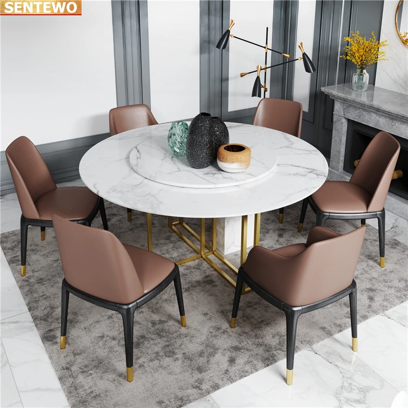 Designer Luxury round dinner room Marble Rock Slab dining table set 4 6 chairs tisch furniture comedor Stainless steel gold base