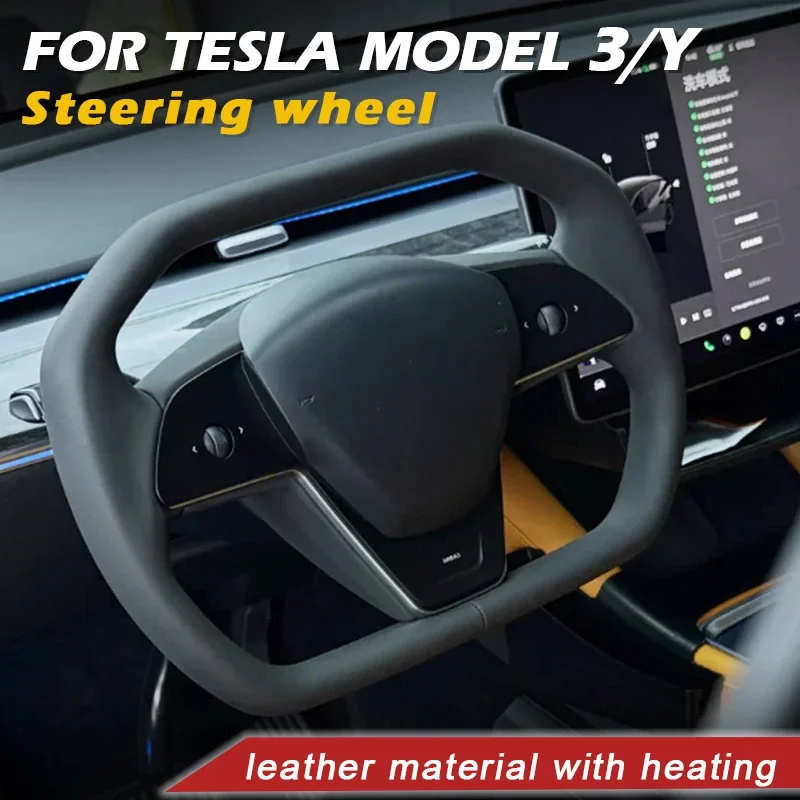 Car Steering Wheel Inspired By Cyberpack Style for Tesal Model Y/3 Highland 2017-2024 with Heating Function Black Leather Yoke