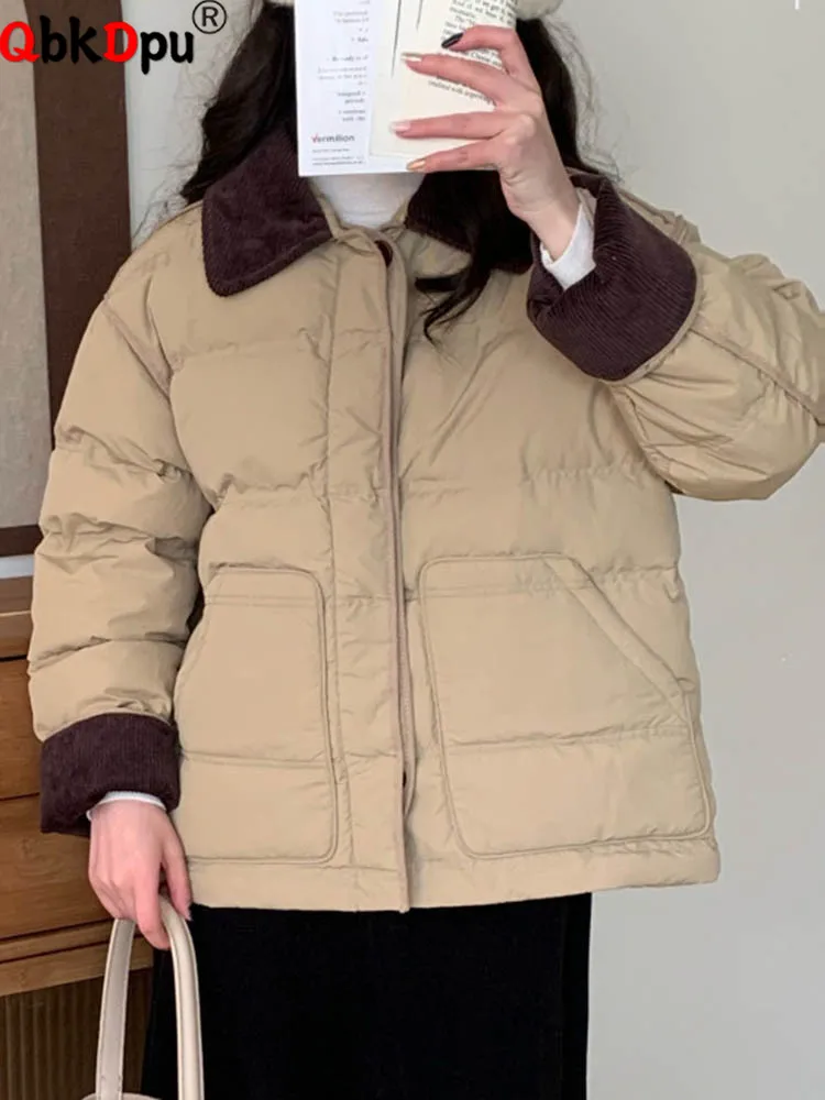 الكورية موضة رشاقته ملابس خارجية المرأة عادية التلبيب الرقبة القطن وسادات مبطنة شتاء دافئ واحدة الصدر فضفاض Chaquetas القمم