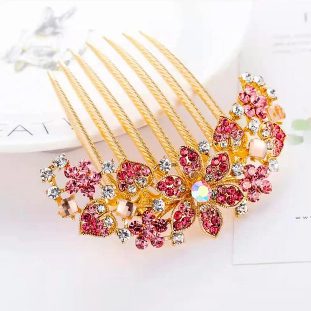 Headwear  Classic Rhinestone Hollow Out Flower Colorful Hair Ornament 7 Teeth Wedding Hair Clip Sturdy   for Dating