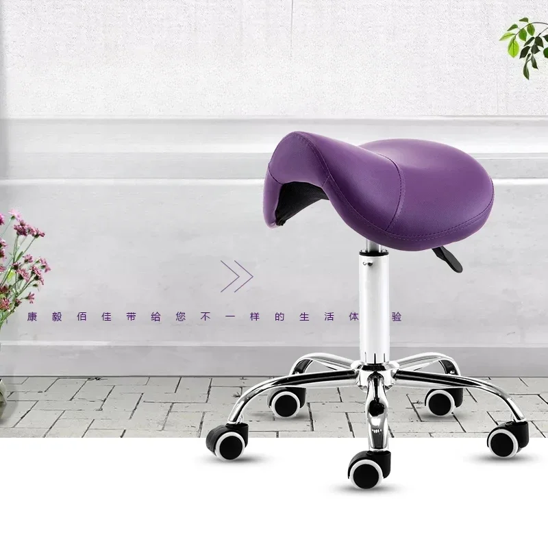 Rolling Saddle Stool PU Leather Swivel Adjustable Rolling Chair with Wheels Blue Salon Chair Spa Equipment