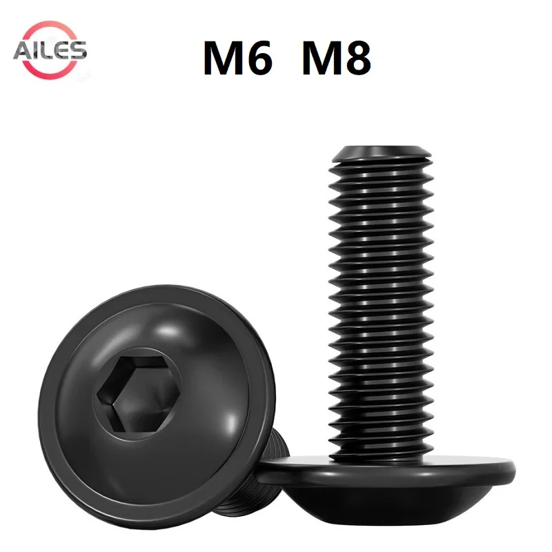 Black 304 Stainless Steel M6 M8 Hex Hexagon Socket Round Button Head with Washer Pad Colar Screws Bolts 12mm 50mm Length