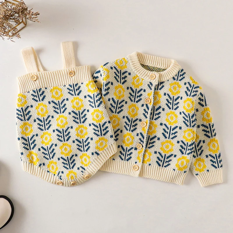 

Autumn Winter Toddler Baby Girls Knitted Clothes Suit Long Sleeved Floral Printed Cardigan+Jumpsuit Newborn Baby Clothing Set