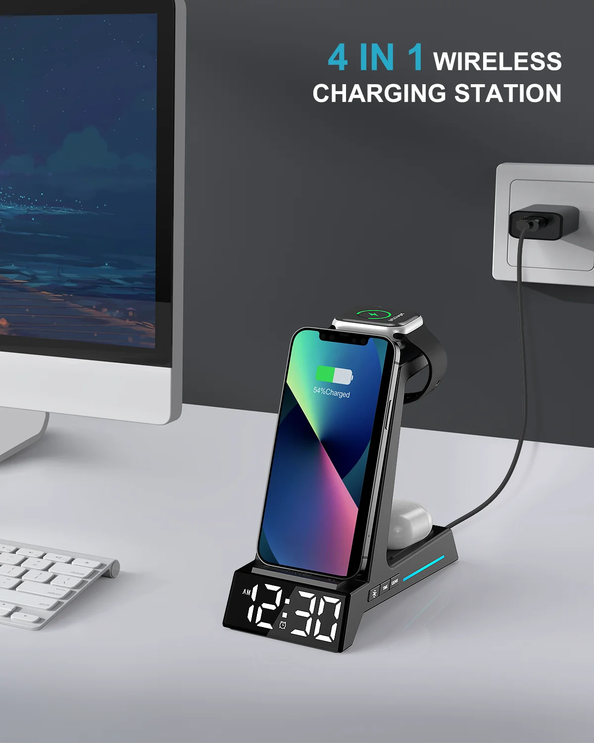 KERCHAN Wireless Charging Station-4 in 1 Wireless Charger with Alarm Clock,Charging Stand Dock for iPhone//AirPods/Apple Watch