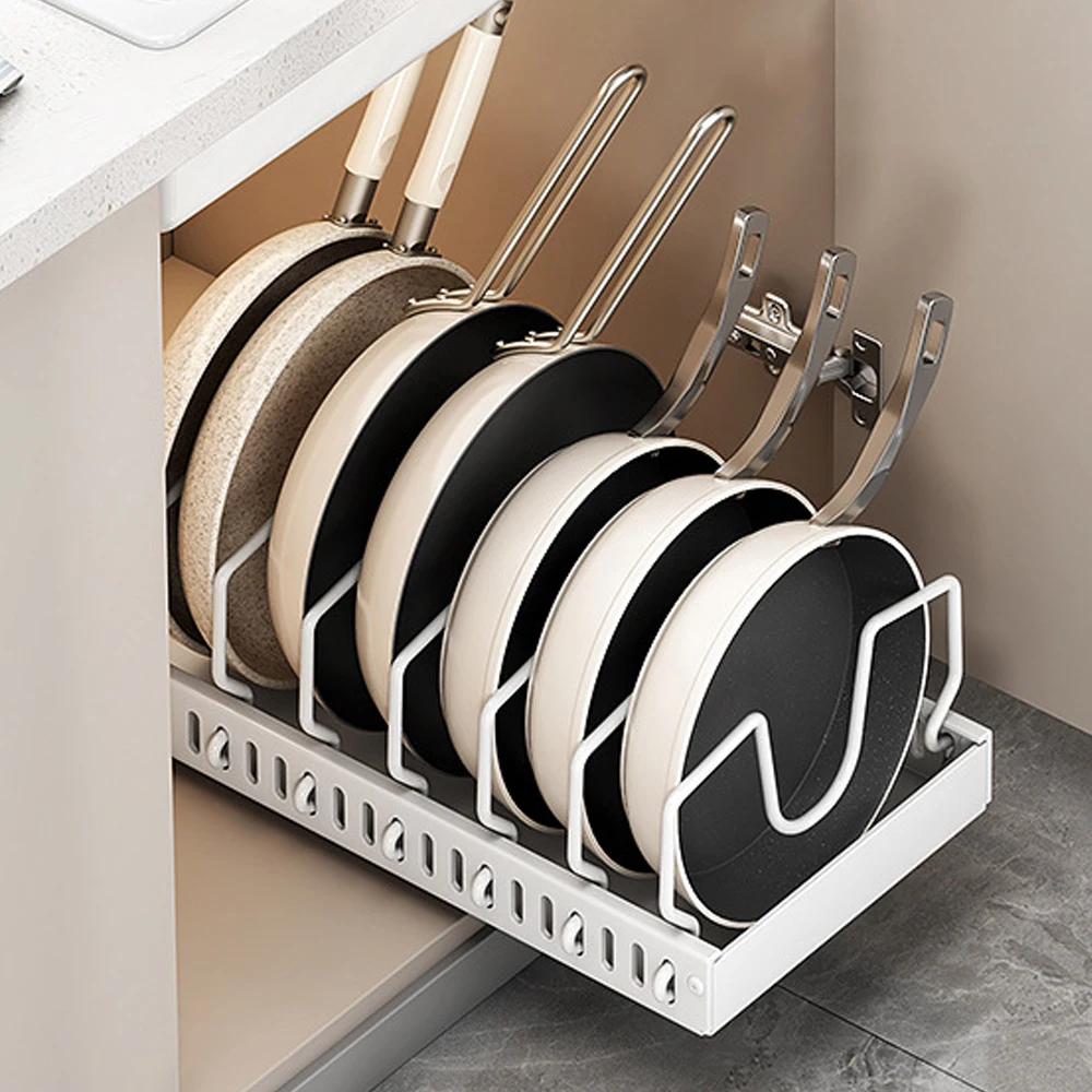 Image of Organizer per pentole e padelle sotto l'armadio, supporto per coperchio della pentola scorrevole e portapiatti da cucina, organizzatore per pentole e padelle estraibili, conservazione dei piatti cod004
