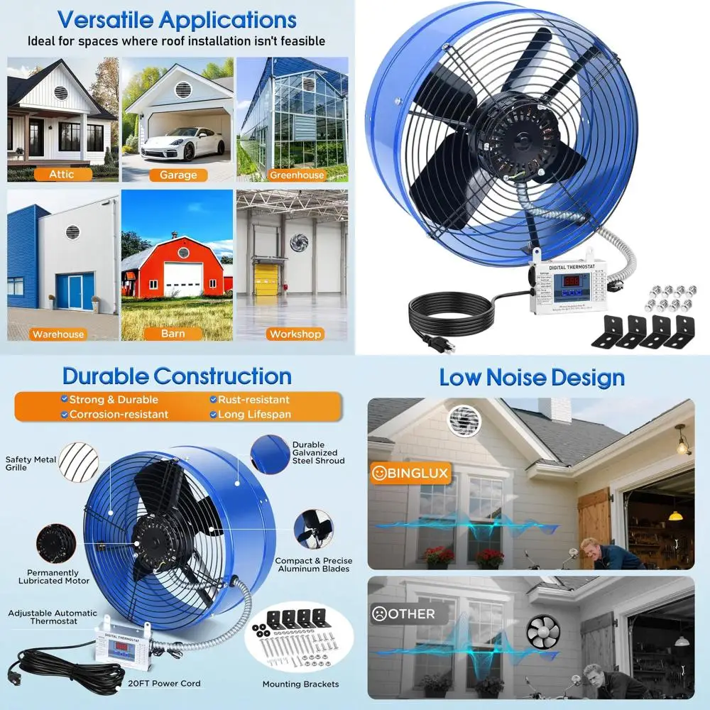 

15 Attic Exhaust Fan with Gable Vent Cover for 1850 Sq.ft, Plug-and-Play with 20ft Power Cord and Low Noise 60Hz Motor for Home