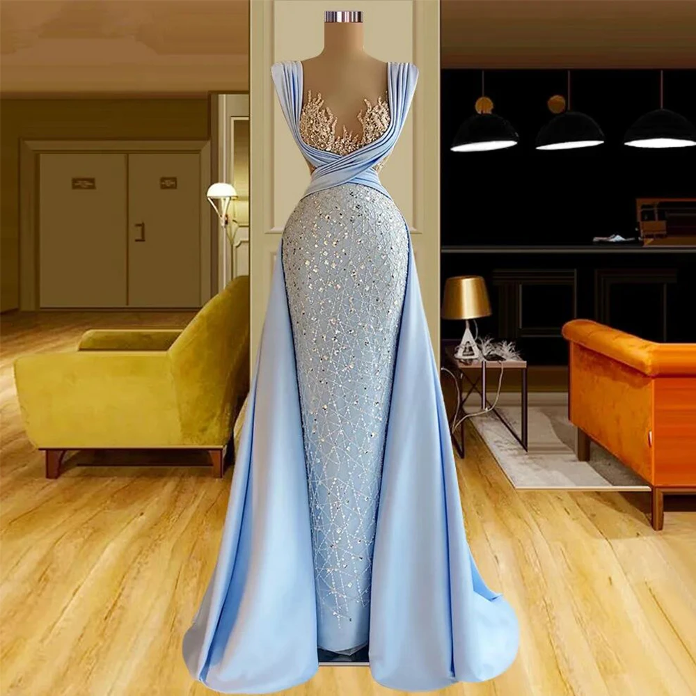 Elegant Luxury Sparkly Prom Dress Sequined Sleeveless Side Slit Evening Gowns Floor-Length Pleats Custom Made Robes De Soirée