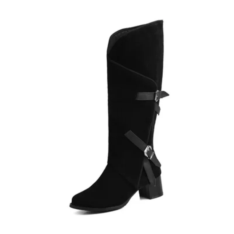 2025 New Women Knee Boots 5cm Square Heel Wide Leg Round Toe Flock Suede Buckles Black Red Casual Big Size 44 45 46 47