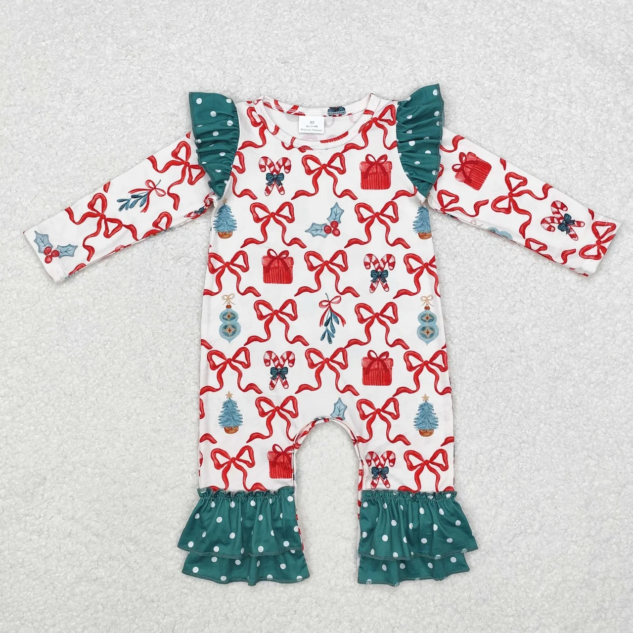 Wholesale Kids Children Infant Jumpsuit Baby Girl One Piece Long Sleeves Christmas Bow Ruffle Newborn Toddler Romper Clothing