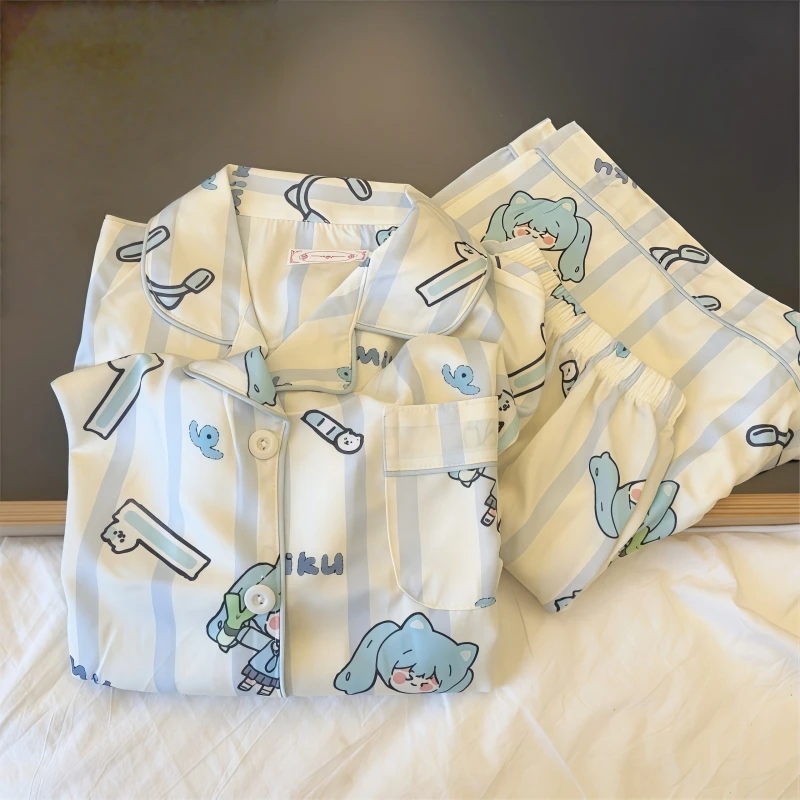 初音ミク-レディース-vネック-パジャマセット-漫画-アニメ-夏-vocaloid-かわいい-カーディガン-半袖-ショートパンツ-綿-薄手-ホームウェア-ギフト