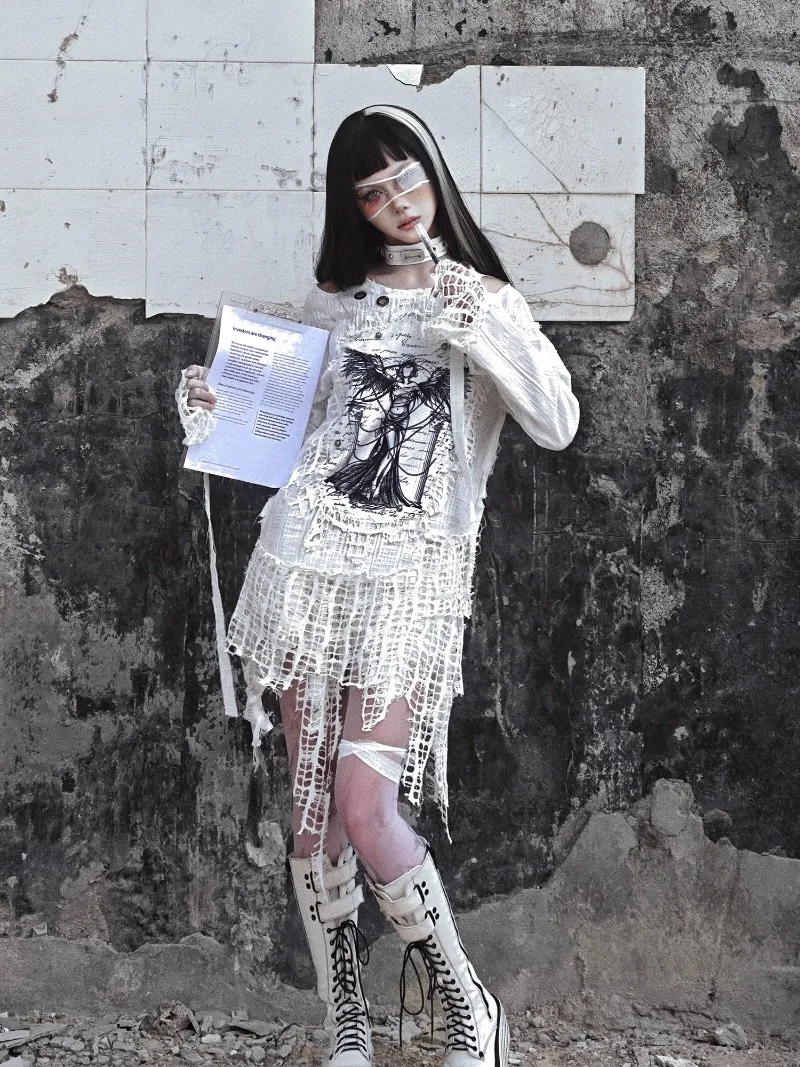 Customized Three-dimensional Pure Cotton Punk Subculture Printing Design Sense Hollow Sweater For Women